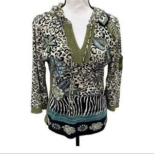 Forbidden Cotton animal print embelished blouse With Hood Sleeve Pocket Size L.